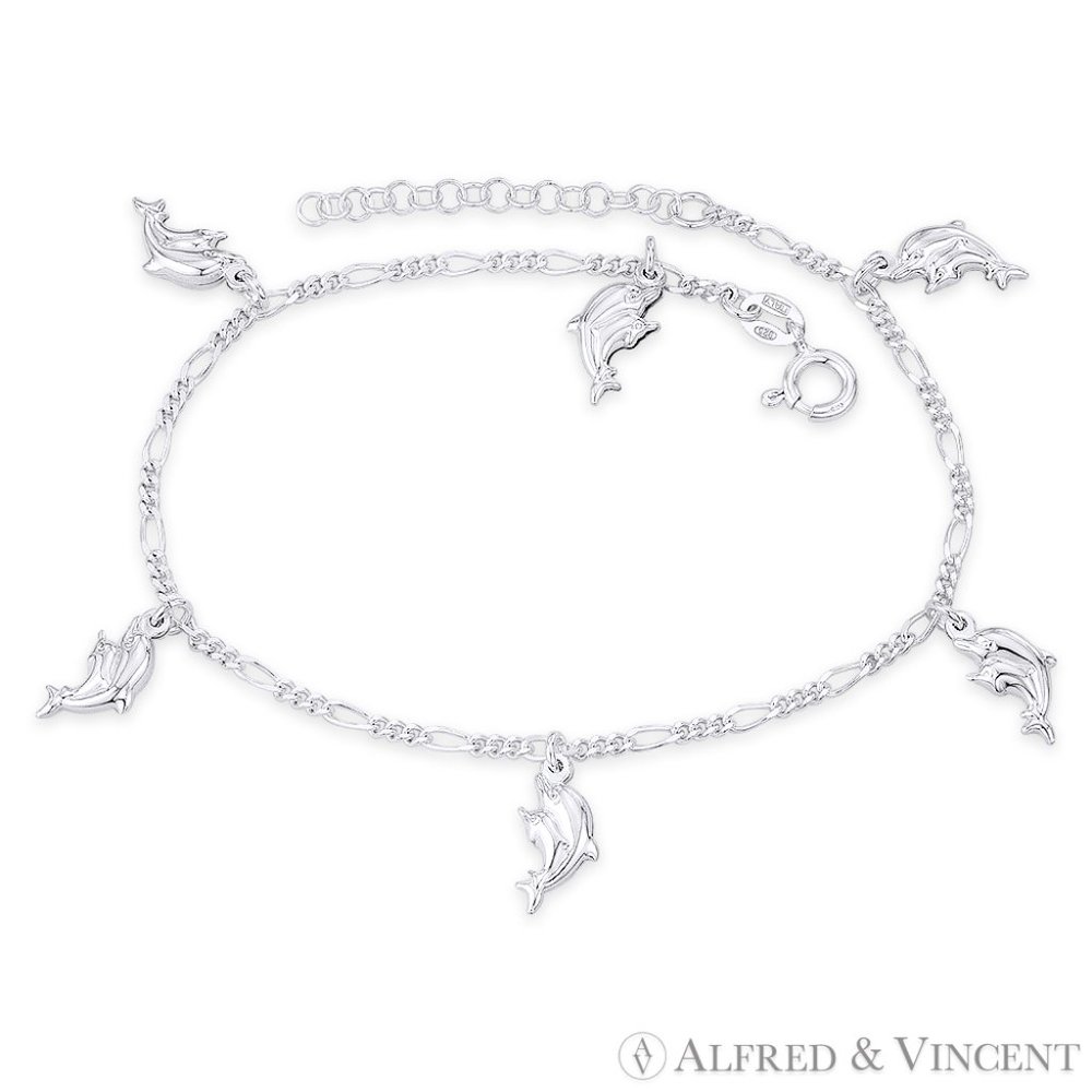 Mom & Baby Dolphin 2.3mm Figaro Chain Charm Anklet in Italy .925 Sterling Silver